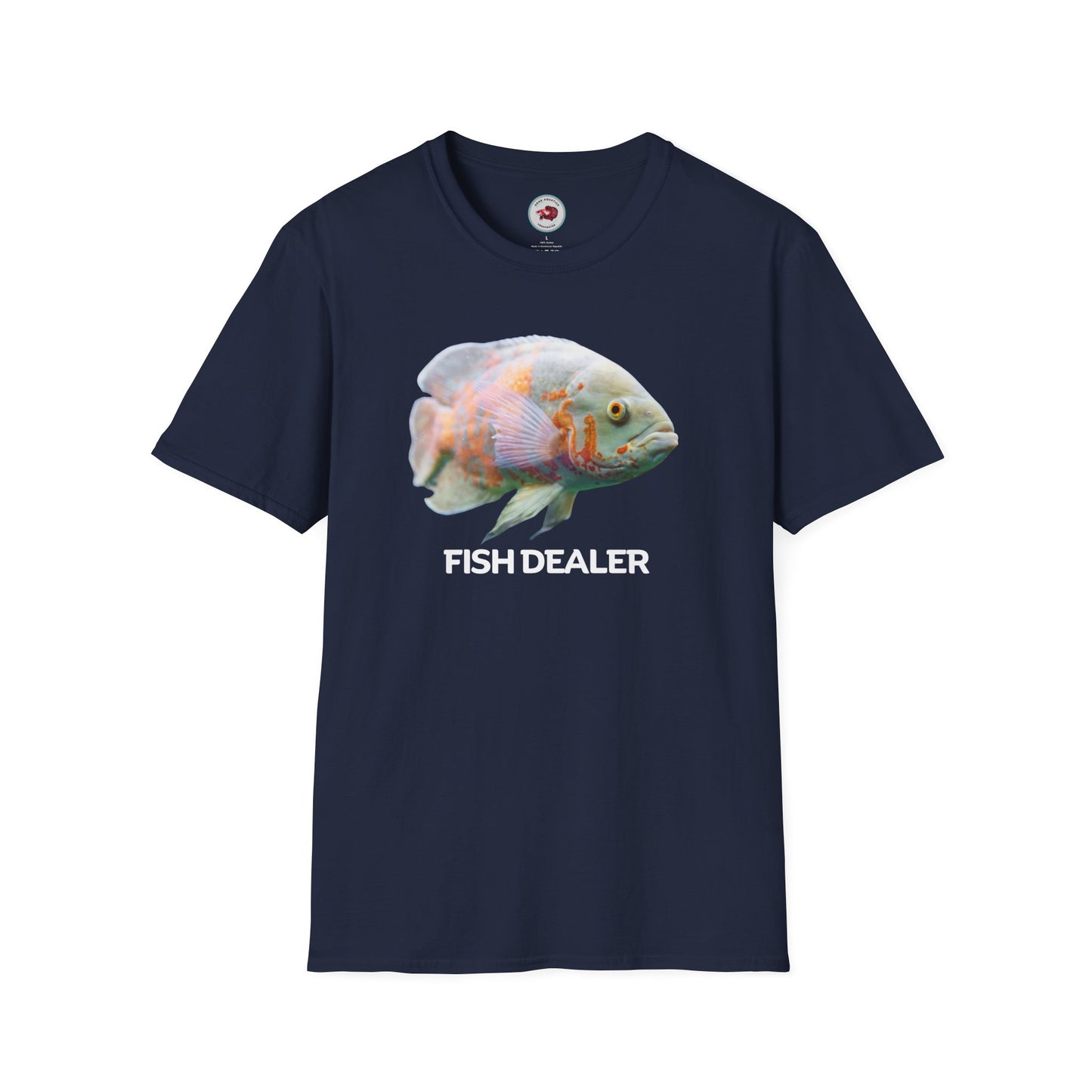 Oscar Cichlid Fish Dealer Unisex Softstyle T-Shirt by ADHD Aquatics