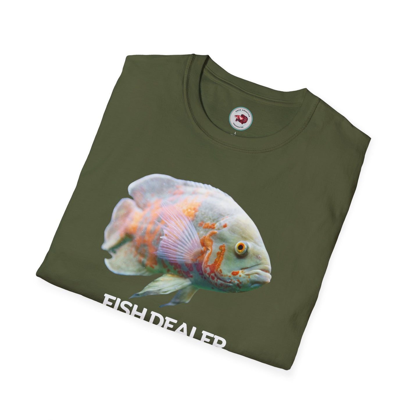Oscar Cichlid Fish Dealer Unisex Softstyle T-Shirt by ADHD Aquatics